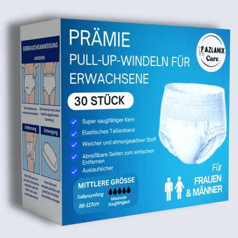 Fazlanix Pull-Up Einweg Inkontinenzhosen für Erwachsene Medium 86-117cm, 30 Stück – bequemer, saugfähiger Schutz
